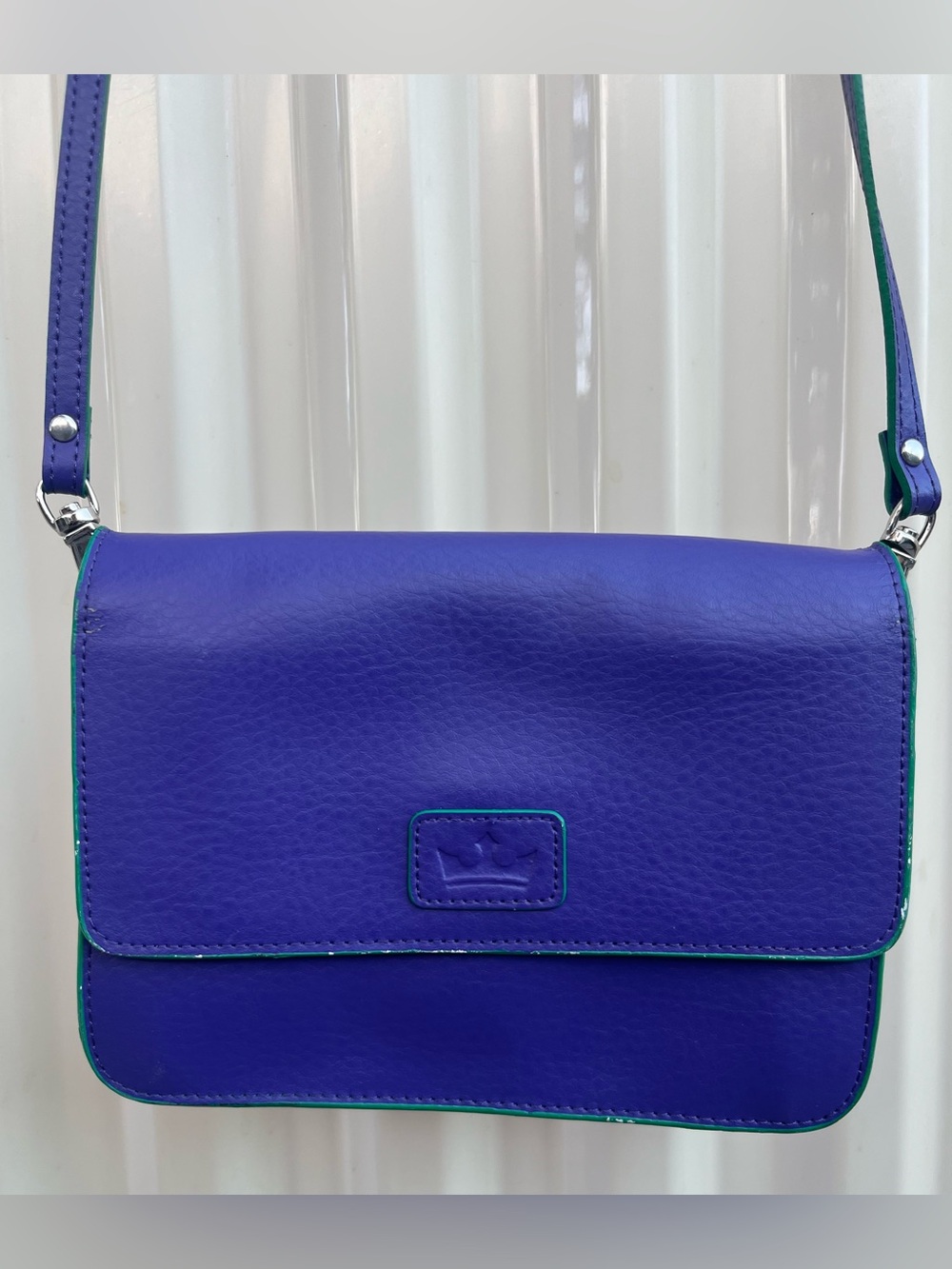 Baekgaard Crossbody Bag with Purple Leather and Kelly Green Trim